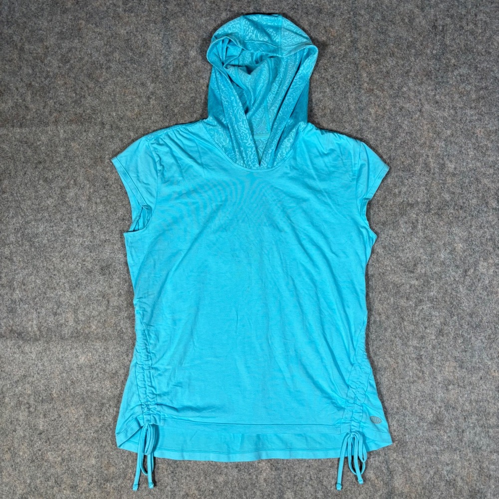 Reel Legends Hooded Top Womens Large Blue Ruched Side Lace Mesh Active Tee
